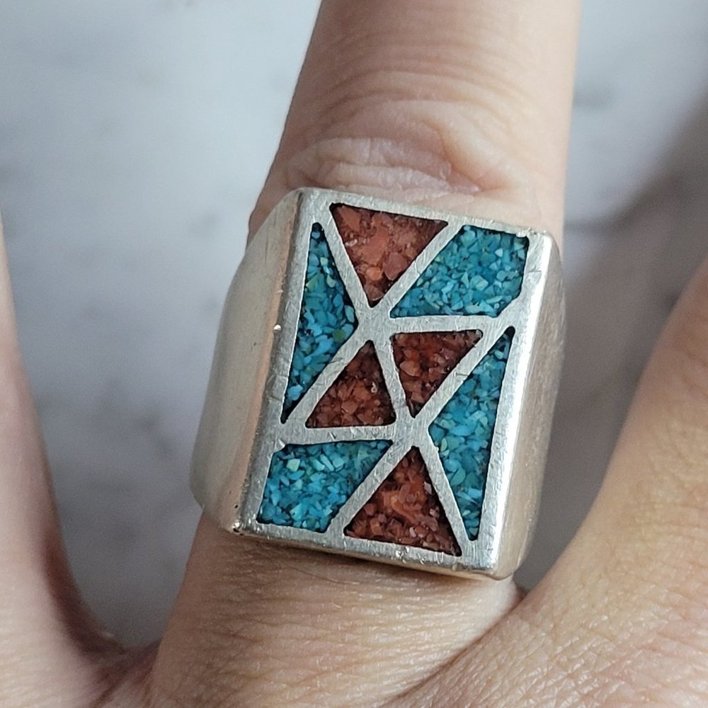 Mens Vintage Estate Sterling Silver Turquoise Coral Ring 20.8g E6931 - Picture 5 of 5